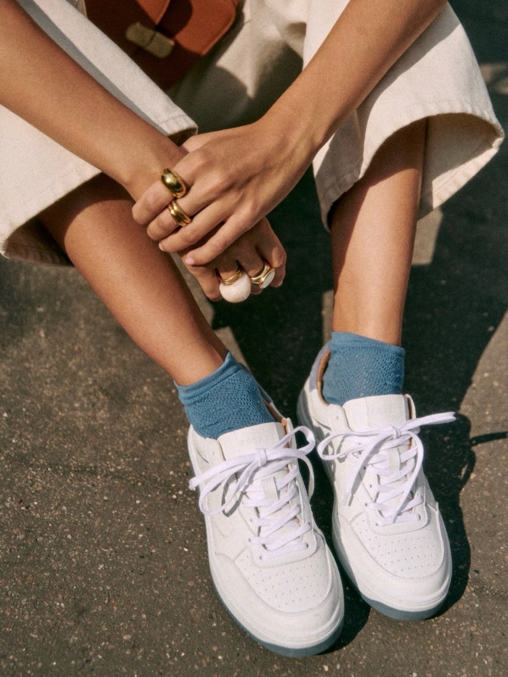 NWT 🇫🇷 Sézane Leo Trainers White Leather Sneakers Denim Blue Accents